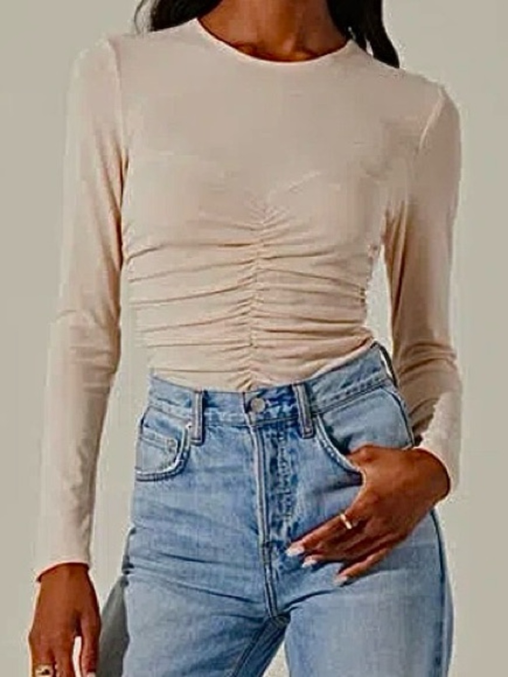 ASTR The Label Ruched Center Blouse Buttercream Long-Sleeve Sheer Gathered Top
